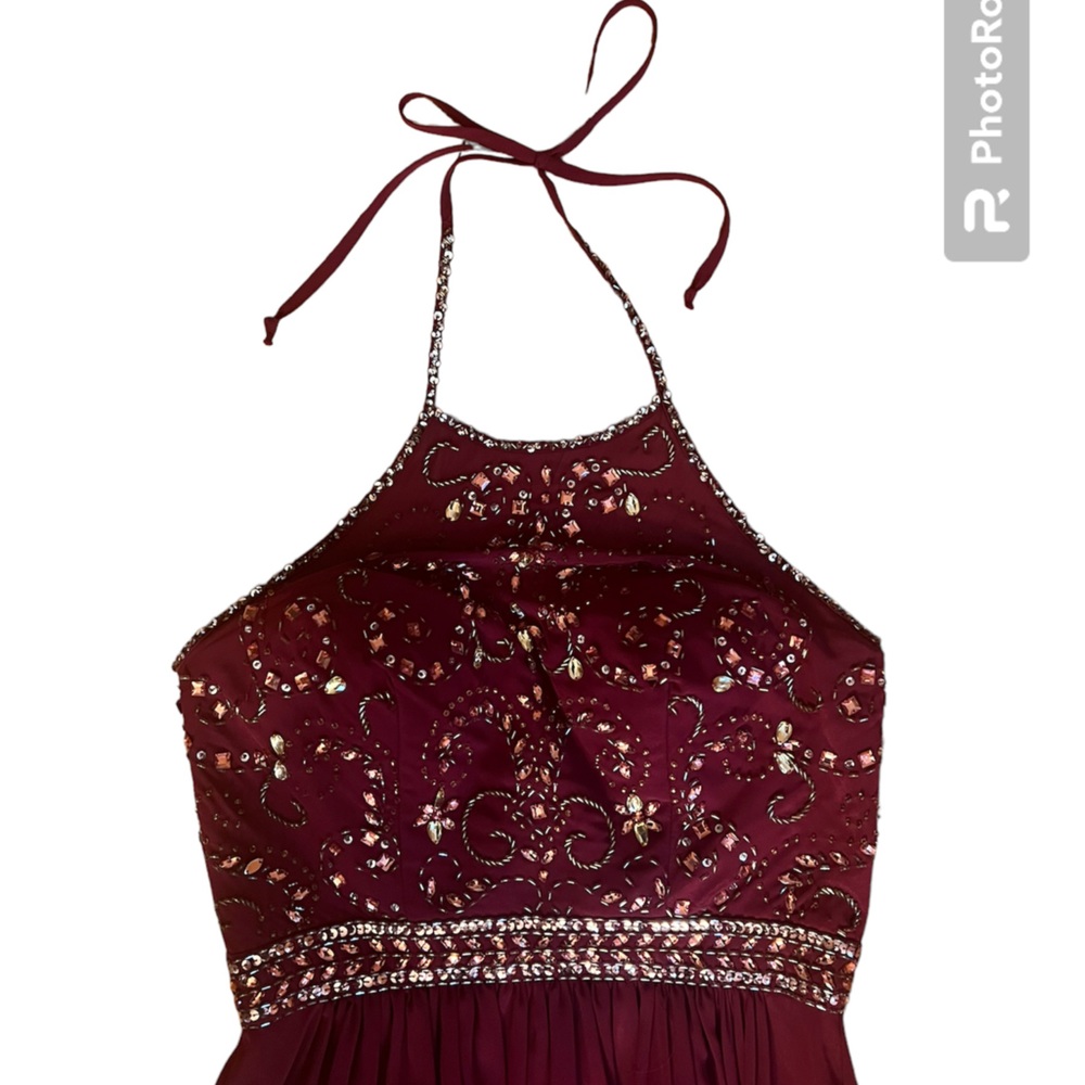 Bee Darlin Formal Burgundy Beaded Halter Prom Dress - Picture 6 of 8